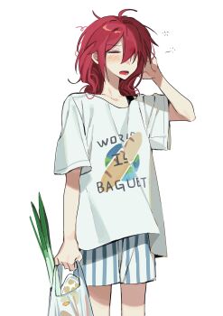 1girl alternate_costume alternate_hairstyle arm_at_side blue_shorts blush can closed_eyes collarbone cowboy_shot flat_chest food_print hair_over_one_eye hand_up hashtag-only_commentary highres kasane_teto messy_hair open_mouth print_shirt red_hair samsap shirt short_sleeves shorts simple_background sleepy solo spring_onion striped_clothes striped_shorts two-tone_shorts utau white_background white_shirt white_shorts