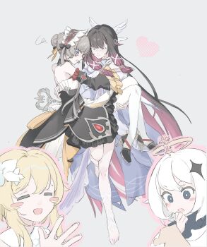 4girls bare_shoulders barefoot black_hair black_sleeves blonde_hair blue_eyes blush brown_hair carrying carrying_person columbina_(genshin_impact) commentary_request detached_sleeves dress eye_mask genshin_impact gloves halo head_wings high_heels highres long_hair lumine_(genshin_impact) mask multicolored_hair multiple_girls paimon_(genshin_impact) pink_hair princess_carry sandrone_(genshin_impact) short_hair_with_long_locks very_long_hair white_dress white_gloves white_hair white_headdress white_mask white_wings winding_key wings x-shaped_eyewear yuri yuuki2020nrk