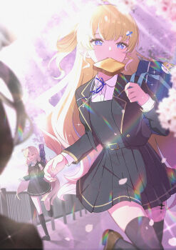 Rule 34 | 3girls, absurdres, alternate costume, black dress, black jacket, black thighhighs, blonde hair, blue eyes, bread, bread slice, cartethyia (wuthering waves), commentary request, dress, female rover (wuthering waves), food, food in mouth, highres, jacket, mouth hold, multiple girls, out of frame, phoebe (wuthering waves), rindou ringdong, rover (wuthering waves), solo focus, tacet mark (wuthering waves), thighhighs, thighs, toast, toast in mouth, wuthering waves