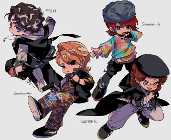 Rule 34 | 4boys, :d, :o, akune rindo, arima seigen, arm at side, asymmetrical bangs, bags under eyes, beret, black coat, black eyes, black gloves, black hair, black hat, black jacket, black leggings, black pants, black shoes, black shorts, blonde hair, blue eyes, blue streaks, bracelet, bright pupils, brown hair, camouflage socks, cargo shorts, character name, coat, college shirt, combat knife, commentary, curly hair, curtained hair, deformed, desperado-004, dot nose, earrings, finger on trigger, fingerless gloves, floating clothes, from behind, frown, full body, fur hat, glasses, gloves, gold bracelet, gold necklace, grey background, grey hat, gun, hand up, handgun, hat, highres, holding, holding gun, holding knife, holding microphone, holding weapon, hood, hood down, hooded coat, hooded jacket, hoodie, hypnosis mic, hypnosis mic: rule the stage, hypnosis microphone, jacket, jacket over hoodie, jewelry, jikuin jyobu, jumpsuit, knife, leggings, leggings under shorts, legs apart, looking ahead, looking at viewer, looking to the side, male focus, medium hair, microphone, mullet, multicolored hair, multicolored sweater, multiple boys, multiple rings, necklace, open clothes, open coat, open jacket, open mouth, orange jumpsuit, outstretched arm, pants, parted bangs, parted lips, partially unzipped, pinstripe jacket, pinstripe pattern, print jumpsuit, raised eyebrows, red hair, ring, round eyewear, serious, shoes, short eyebrows, short hair, shorts, sideburns, sideways glance, silver earrings, simple background, single fingerless glove, single hair intake, sleeveless, sleeveless jacket, sleeves pushed up, smile, sneakers, streaked hair, stud earrings, suit jacket, sweater, sweatpants, track pants, user ajrm3578, ushanka, v-shaped eyebrows, wavy hair, weapon, white hoodie, white pants, white pupils, white streaks, yagasaki ibuki