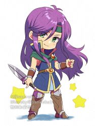 Rule 34 | 1girl, antenna hair, belt, blue tunic, boots, bracer, brown footwear, chibi, closed mouth, commentary request, faris scherwiz, final fantasy, final fantasy v, full body, green headband, green scarf, hair between eyes, headband, highres, holding, holding sword, holding weapon, knee pads, light blush, long hair, parted bangs, purple hair, sanroku 3, scarf, smile, solo, sword, twitter username, weapon, white background