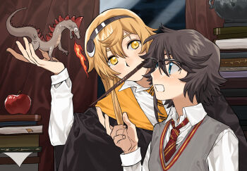 2girls apple black_hairband blonde_hair book book_stack chinese_commentary collared_shirt commentary dragon fire food fruit grey_sweater hairband hand_up harry_potter_(series) highres hogwarts_school_uniform holding holding_wand jiguang_haibao koishikawa_iko long_hair momijiyama_teru multiple_girls school_uniform shirt shy_(series) smile sweater sweater_vest wand white_shirt wizarding_world yellow_eyes
