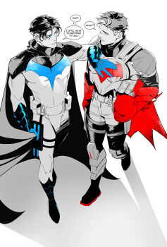 aged_up bat_signal batman batman_(series) batman_symbol belt black_bodysuit black_hair blue_bodysuit blue_eyes bodysuit cowl dc_comics dick_grayson escrima_sticks gloves grey_bodysuit highres jason_todd male_focus mask multicolored_bodysuit multiple_boys muscular muscular_male nichasheng red_hood_(dc) red_mask short_hair simple_background superhero_costume taut_bodysuit two-tone_bodysuit utility_belt