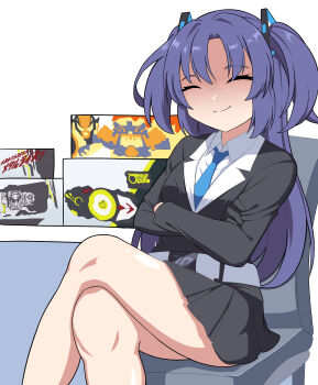 1girl absurdres angry blue_archive blue_necktie closed_eyes hiden_zero-one_driver highres kamen_rider kamen_rider_01_(series) necktie nexos original progrisekey rider_belt thighs toy two_side_up yuuka_(blue_archive)