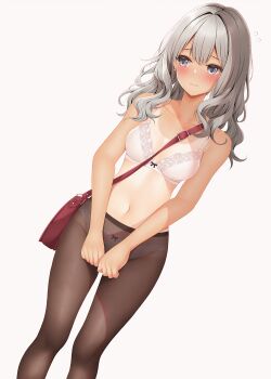 1girl arms_at_sides bag blush bow bow_bra bow_panties bra breasts closed_mouth collarbone commentary_request double-parted_bangs dutch_angle feet_out_of_frame grey_eyes grey_hair highres large_variant_set long_hair medium_breasts minato_ojitan navel original panties panties_under_pantyhose pantyhose raised_inner_eyebrows shoulder_bag simple_background solo standing stomach tan tanline underwear underwear_only variant_set wavy_hair white_background white_bra white_panties