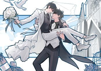 Rule 34 | 2boys, arm around neck, bird, birdcage, biyoo (omniscient reader's viewpoint), black coat, black eyes, black hair, bouquet, cage, carrying, carrying person, cathedral, church, coat, dove, flower, full body, grin, highres, holding, holding bouquet, keomikan, kim dokja, looking at another, male focus, multiple boys, omniscient reader's viewpoint, open clothes, open coat, outdoors, popped collar, princess carry, short hair, smile, veil, wedding, white coat, yoo joonghyuk