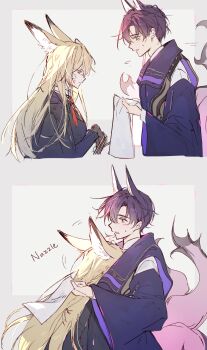 1boy 1girl absurdres animal_ears arknights blonde_hair chinese_commentary commentary_request fox_boy fox_ears fox_girl fox_tail green_eyes heishisei hetero highres hug husband_and_wife kitsune kyuubi long_hair multiple_tails orange_eyes purple_hair short_hair suzuran's_father_(arknights) tail vulpisfoglia_(arknights)