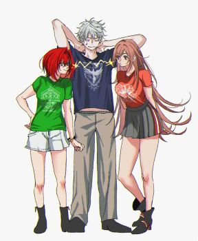 13unn7 1boy 2girls ange_katrina animal_print arms_behind_back arms_behind_head bare_arms bird_print black_boots black_shoes blue_eyes blue_shirt boots bracelet breasts brown_hair closed_eyes closed_mouth commentary_request eye_contact furen_e_lustario green_shirt grey_hair grey_pants grey_skirt hair_intakes hand_on_own_hip high_heel_boots high_heels jaggy_lines jewelry kuzuha_(nijisanji) lightning_glare long_hair looking_at_another medium_breasts midriff_peek miniskirt multiple_girls nijisanji nijisanji_fes_t-shirt orange_shirt pants pleated_skirt pointy_ears purple_eyes red_hair shirt shirt_tucked_in shoes short_hair short_sleeves shorts simple_background skirt small_breasts smile standing sweatdrop t-shirt very_long_hair very_short_hair virtual_youtuber wavy_mouth white_background white_shorts