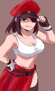 1girl black_thighhighs breasts cleavage commentary_request cosplay crop_top han_juri hat highres looking_at_viewer m._bison m._bison_(cosplay) midriff nail_polish nasu_(ilo_a5) navel red_hat short_hair simple_background smile solo street_fighter street_fighter_v thighhighs