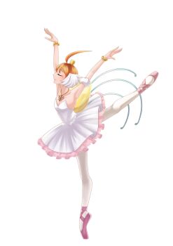 1girl ahiru_(princess_tutu) ahoge arabesque_(pose) armpits arms_up ballerina ballet_slippers bare_shoulders closed_eyes commentary en_pointe full_body highres huge_ahoge jewelry jyouka leg_up magical_girl necklace pantyhose princess_tutu princess_tutu_(character) short_hair smile solo standing standing_on_one_leg transparent_background tutu