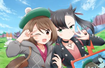 2girls ;d asymmetrical_bangs backpack bag black_choker black_hair black_jacket black_nails blue_sky blush brown_eyes brown_hair choker cloud collarbone commentary_request day dress gen_4_pokemon gen_8_pokemon gloria_(pokemon) grass green_eyes green_hat hair_ribbon hat hudoumomizi jacket looking_at_viewer marnie_(pokemon) morpeko morpeko_(hangry) multiple_girls nintendo one_eye_closed open_mouth outdoors pink_dress pokemon pokemon_(creature) pokemon_swsh ribbon rotom rotom_phone scorbunny selfie short_hair sky smile taking_picture tam_o&#039;_shanter upper_body v v_over_eye w water