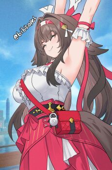 1girl absurdres animal_ears armband armpits arms_up bag bag_charm bibitapel blue_sky breasts brown_hair charm_(object) closed_eyes closed_mouth droopy_ears fox_ears fox_girl fox_tail frilled_armband frilled_shirt frills hair_intakes hairband hashtag-only_commentary highres large_breasts long_hair long_skirt multicolored_hairband official_alternate_costume outdoors red_bag red_hairband red_skirt shirt shoulder_bag skirt sky smile solo stretching tail twitter_username upper_body very_long_hair white_armband white_hairband white_shirt ye_shunguang zenless_zone_zero