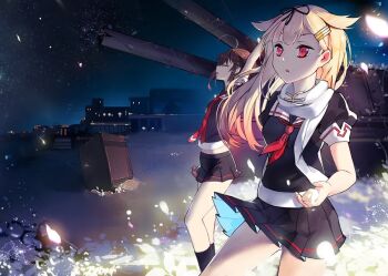 2girls :o ahoge artist_request blonde_hair braid brown_hair building cannon character_request closed_eyes dress falling_petals grass long_hair multiple_girls night petals red_eyes sailor_dress scarf school_uniform skirt