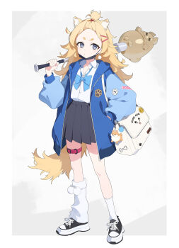 1girl animal_ears bag baseball_bat black_shoes black_skirt blonde_hair blue_bow blue_bowtie blue_eyes blue_jacket bow bowtie collared_shirt commentary_request dog_ears dog_girl dog_tail earrings full_body hair_ornament hairclip hand_in_pocket highres holding holding_baseball_bat jacket jewelry leg_warmers long_hair long_sleeves mask mask_pull mouth_mask open_clothes open_jacket original shirt shoes simple_background single_leg_warmer single_sock skirt socks solo standing tail thigh_strap white_leg_warmers white_shirt zzzearly