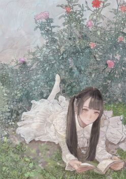 1girl black_hair blush book brown_eyes bush collared_dress dress flower foliage highres holding holding_book jewelry long_hair long_sleeves looking_at_viewer lying necklace no_shoes on_ground on_stomach open_book original outdoors parted_bangs pink_flower pink_rose purupurualiens red_flower red_rose rose slice_of_life socks solo twintails white_dress white_socks