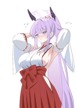 1girl alternate_costume armpits arms_behind_head arms_up blue_archive blush breasts bright_pupils clothing_cutout detached_sleeves floating_headgear hakama halo headgear hip_vent japanese_clothes large_breasts long_hair nontraditional_miko ponytail purple_eyes purple_hair purple_halo red_hakama ribbon-trimmed_sleeves ribbon_trim sideboob solo utaha_(blue_archive) very_long_hair wide_sleeves yukki83130530