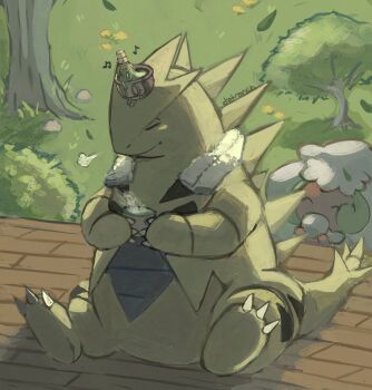 Rule 34 | claws, closed eyes, closed mouth, cup, dietranch, gen 2 pokemon, gen 5 pokemon, green tea, highres, holding, holding cup, musical note, nintendo, no humans, on head, outdoors, pokemon, pokemon (creature), pokemon focus, pokemon on head, sinistcha, sitting, smile, steaming cup, tea, tree, tyranitar, whimsicott