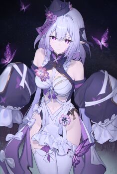 1girl absurdres bare_shoulders breasts bug butterfly castorice_(honkai:_star_rail) closed_mouth dress flower gloves hair_flower hair_ornament hat highres honkai:_star_rail honkai_(series) insect jiangshi jiangshi_costume long_hair looking_at_viewer outstretched_arms pointy_ears purple_butterfly purple_eyes purple_flower purple_hair qingdai_guanmao sasa_(sasa_ekakiman) solo white_dress zombie_pose
