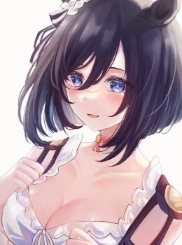 Rule 34 | 1girl, animal ears, black hair, blue eyes, blush, bob cut, breasts, choker, cleavage, collarbone, commentary request, ear scrunchie, eishin flash (meisterschaft) (umamusume), eishin flash (umamusume), hair between eyes, highres, horse ears, horse girl, large breasts, parted lips, red choker, rua (idv), scrunchie, shirt, simple background, smile, solo, umamusume, upper body, white scrunchie, white shirt