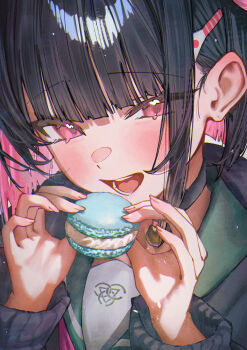 1girl betabeet black_hair blue_archive colored_inner_hair commentary food highres kazusa_(blue_archive) looking_at_viewer macaron multicolored_hair open_mouth pink_eyess pink_hair solo two-tone_hair upper_body
