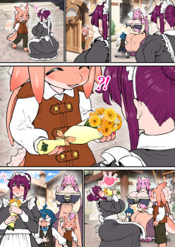 2boys 2girls age_difference black_dress breasts cleavage cloud comic day dragon_boy dragon_girl dress furry furry_female furry_male house huge_breasts maid maid_headdress mother_and_son multiple_boys multiple_girls nenbuta original outdoors size_difference sky