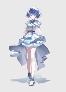 1girl ankle_boots arm_at_side bare_arms bare_legs belt black_belt black_bow black_bowtie blue_eyes blue_hair boots bow bowtie breasts buttons closed_mouth clover_brooch clover_hair_ornament commentary dot_nose double-breasted fold-over_boots full_body grey_background hair_between_eyes hair_ornament hand_up high_heels highres idol idol_clothes jacket johyang_e kiritani_haruka layered_skirt light_blush looking_at_viewer medium_breasts overskirt plaid_clothes plaid_collar plaid_skirt project_sekai shadow short_hair short_sleeves sidelocks simple_background skirt smile solo standing symbol-only_commentary twitter_username white_boots white_jacket white_skirt white_wrist_cuffs wing_hair_ornament wrist_cuffs