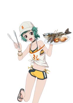 Rule 34 | 1girl, armpits, bikini, bikini bottom under shorts, bikini top under shirt, bikini under clothes, bracelet, brown eyes, closed eyes, farah oersted, farah oersted (summer 2021), fish, food, game cg, green hair, hair ornament, hair tie, hairpin, hat, holding, holding tongs, jewelry, navel, official art, open mouth, sandals, seafood, shirt, shirt slip, short hair, shorts, smile, solo, swimsuit, tales of (series), tales of asteria, tales of eternia, tied shirt, toes, tongs, transparent background, very short hair, yellow shorts
