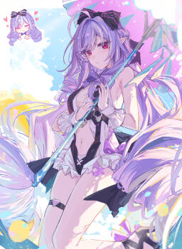 1girl absurdres bare_shoulders black_sandals blue_sky breasts chibi closed_mouth cloud drill_hair highres holding holding_umbrella long_hair looking_at_viewer multicolored_hair navel official_alternate_costume outdoors parasol pointy_ears purple_hair red_eyes sandals sky stomach streaked_hair swimsuit thigh_strap umbrella very_long_hair vivian_banshee vivian_banshee_(iris_of_the_shore) white_hair yajuu zenless_zone_zero