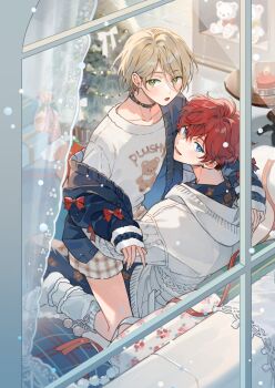 2boys alternate_costume amagi_hiiro blonde_hair blue_eyes bow boy_on_top candle cardigan choker christmas_tree commentary earrings ensemble_stars! floral_print gift green_eyes hood hood_down indoors jewelry layered_clothes long_sleeves looking_at_viewer lower_teeth_only male_focus multiple_boys open_cardigan open_clothes open_mouth red_bow red_hair seuga shiratori_aira_(ensemble_stars!) short_hair shorts snowing stuffed_animal stuffed_toy teddy_bear teeth white_bow yaoi