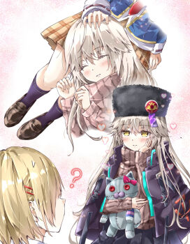 2girls ? absurdres ayaro_(genkiloobaii) black_hat black_socks blonde_hair blush bow brown_skirt charlotta_skopovskaya closed_mouth commentary_request eyelashes fur_hat grey_hair hair_between_eyes hair_ornament hairclip hand_on_another's_head hand_on_own_cheek hand_on_own_face hand_up hat heart heaven_burns_red highres holding holding_stuffed_toy imagining kayamori_ruka kneehighs lap_pillow long_hair looking_at_another lovestruck lower_body lying miniskirt multiple_girls on_side papakha parallel_hairclips plaid_clothes plaid_skirt pleated_skirt red_bow short_hair signature skirt sleeves_past_wrists smile socks stuffed_animal stuffed_cat stuffed_toy sweater very_long_hair yellow_eyes yuri