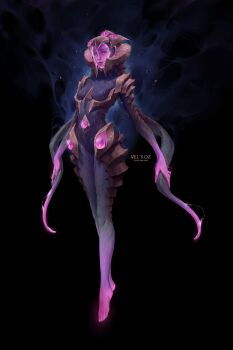 1girl absurdres black_background bodysuit breasts character_name full_body gradient_skin helmet highres league_of_legends medium_breasts patrick_ganas simple_background slit_pupils smoke solo vel'koz