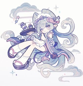 1girl apron blush bow-shaped_hair cloud commentary dango dango_milk_(genshin_impact) detached_sleeves food frilled_apron frills genshin_impact harukui highres holding holding_tray long_hair long_sleeves looking_at_viewer milk platform_sandals pointy_ears purple_eyes sandals simple_background smile socks solo sparkle thighs tray very_long_hair wagashi white_apron white_background white_socks wide_sleeves yumemizuki_mizuki