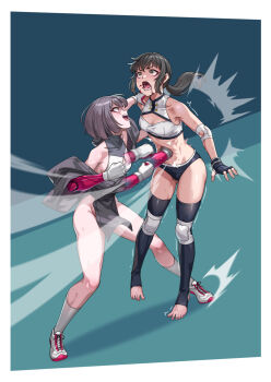 2girls aqua_background bare_shoulders black_gloves black_hair blood blue_background bob_cut breasts brown_eyes catfight cleavage_cutout clothing_cutout coughing coughing_blood elbow_pads fighting fingerless_gloves gloves grey_hair highres long_hair medium_breasts multiple_girls off_shoulder open_mouth original pelvic_curtain ponytail punching ryona shoes short_hair sneakers socks stirrup_legwear stomach_punch sweat toeless_legwear trembling white_gloves white_shoes white_socks wrestling yan_(situyan0303)