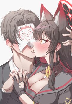 1boy 1girl absurdres animal_ear_fluff animal_ears black_gloves black_hair black_jacket black_kimono blue_archive blue_necktie blush breasts collared_shirt colored_inner_hair commentary_request doodle_sensei_(blue_archive) extra_ears fingerless_gloves fox_ears fox_girl gloves grey_sailor_collar gyu_chul halo hand_on_another's_head highres interlocked_fingers jacket japanese_clothes kimono kiss korean_commentary large_breasts long_hair multicolored_hair necktie red_hair red_halo sailor_collar sensei_(blue_archive) shirt short_hair two-tone_hair wakamo_(blue_archive) white_shirt yellow_eyes