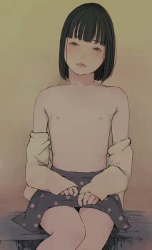 1girl brown_eyes brown_hair collarbone female_focus flat_chest functionally_nude highres loli long_sleeves looking_at_viewer nipples no_bra off_shoulder open_clothes open_shirt original otohime_(youngest_princess) parted_lips polka_dot polka_dot_skirt short_hair sitting skirt solo