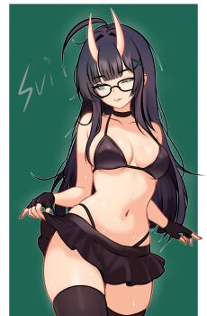 1girl 2025 absurdres anb_(anb_draws) bikini bikini_under_clothes black-framed_eyewear black_bikini black_gloves black_hair black_skirt black_thighhighs breasts clothes_lift commentary contrapposto cowboy_shot demon_girl demon_horns fingerless_gloves glasses gloves green_eyes hair_ornament highleg highleg_bikini highres horns lifting_own_clothes long_hair medium_breasts navel one_eye_closed original skin-covered_horns skirt skirt_lift solo swimsuit symbol-only_commentary thighhighs x_hair_ornament