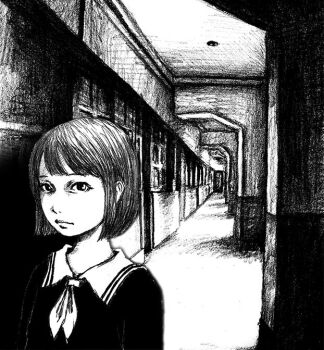 1girl asian collared_dress commentary_request crosshatching dress frown greyscale hallway hatching_(texture) leica_(leica_xx) lips long_dress monochrome original short_hair solo upper_body