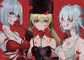 artist_request bandaged_arm bandages blonde_hair breasts code_vein copyright_notice dress eva_roux flower frown green_eyes hat highres io_(code_vein) jewelry large_breasts long_coat looking_at_viewer mia_karnstein multicolored_hair necklace official_art open_mouth petals platinum_blonde_hair purple_flower purple_rose red_background red_dress red_flower red_rose rose scar scar_on_face short_hair short_twintails silver_hair small_breasts smile strap_slip streaked_hair swept_bangs tagme torn_clothes twintails