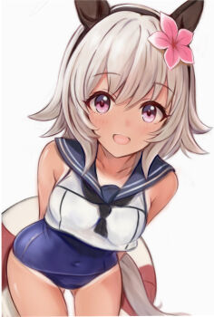 1girl animal_ears arms_behind_back breasts cosplay curren_chan_(umamusume) ear_covers flower gluteal_fold hair_flower hair_ornament horse_ears horse_girl horse_tail kantai_collection looking_at_viewer medium_breasts nannacy7 open_mouth pink_flower purple_eyes ro-500_(kancolle) ro-500_(kancolle)_(cosplay) school_swimsuit simple_background smile solo swimsuit swimsuit_under_clothes tail tan tanline tracen_swimsuit umamusume white_background
