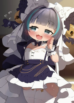 1girl :3 :d aged_down animal_ears apron aqua_eyes aqua_hair aqua_streaks averting_eyes azur_lane bell black_hair blue_hair blunt_bangs blurry blurry_background blush bow breasts cowboy_shot dress erguotou fang flat_chest flying_sweatdrops frilled_apron frilled_dress frilled_hairband frills garter_straps grey_hair hair_bell hair_ornament hairband hand_up highres jingle_bell kyojiri_loli little_cheshire_(azur_lane) loli looking_to_the_side maid maid_headdress multicolored_hair open_mouth puffy_sleeves ribbon short_hair short_sleeves skin_fang skindentation smile solo streaked_hair sweat thick_thighs thighhighs thighs two-tone_hair white_dress white_thighhighs wrist_cuffs