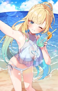 1girl aizawa_ema arms_up bikini blonde_hair blue_eyes blue_hair blush breasts cleavage cloud commentary_request cup day dot_nose drink drinking_glass drinking_straw food fruit glass gradient_hair green_hair highres holding holding_cup large_breasts long_hair multicolored_hair ocean one_eye_closed orange_(fruit) orange_slice outdoors parted_bangs parted_lips poco_grande_glass ponytail sand see-through_clothes selfie sidelocks smile solo standing swimsuit teeth virtual_youtuber vspo! white_bikini yukijirushi_e