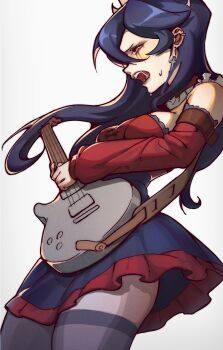 Rule 34 | 1girl, alternate costume, blue hair, bubene, cowboy shot, cross, cross earrings, detached sleeves, dress, earrings, electric guitar, filia (skullgirls), goth fashion, guitar, highres, instrument, jewelry, long hair, makeup, music, open mouth, playing instrument, red eyes, runny makeup, saliva, saliva trail, skullgirls, solo, thighhighs
