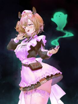 1girl absurdres animal_ears apron apron_lift bobsta01 clothes_lift dress dress_shirt ghost green_dress hat highres indie_virtual_youtuber nimi_nightmare nurse_cap pout shirt tapir_ears virtual_youtuber