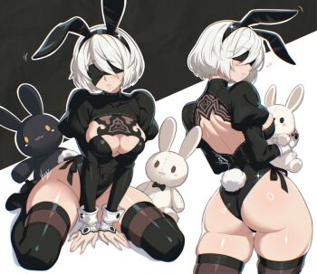 1girl 2b_(nier:automata) adapted_costume animal_ear_hairband animal_ears arms_between_legs ass back back_cutout black_background black_boots black_hairband black_leotard black_thighhighs blindfold blush boots breasts cleavage cleavage_cutout clothing_cutout commentary covered_collarbone covered_eyes covered_navel cowboy_shot english_commentary fake_animal_ears from_behind full_body groin hairband heart high_heel_boots high_heels highleg highleg_leotard highres holding holding_stuffed_toy juliet_sleeves large_breasts leotard long_sleeves looking_back median_furrow mole mole_under_mouth nier:automata nier_(series) outline parted_lips puffy_sleeves rabbit_ear_hairband rabbit_ears short_hair shoulder_blades side-tie_leotard signature sitting skindentation solo stuffed_animal stuffed_rabbit stuffed_toy thigh_boots thighhighs thighhighs_under_boots thighs thong_leotard two-tone_background vizaz wariza white_background white_hair white_outline white_wrist_cuffs wrist_cuffs