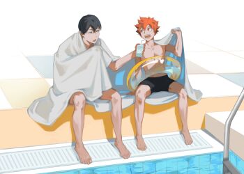 2boys black_hair black_male_swimwear black_swim_trunks bn3ppo commentary_request drink_carton drinking_straw haikyuu!! highres hinata_shouyou holding_carton innertube kageyama_tobio looking_at_another male_focus male_swimwear milk milk_carton multiple_boys open_mouth orange_hair pool pool_ladder poolside shared_towel sharing sitting swim_ring swim_trunks swimsuit towel
