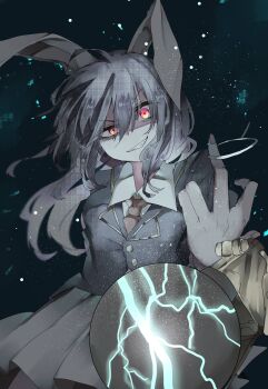 1girl absurdres animal_ears buttons collared_shirt explosive grenade grenade_pin grin gun hair_between_eyes highres jewelry long_hair long_sleeves middle_finger muraryo necktie one-hour_drawing_challenge purple_hair rabbit_ears red_eyes red_nails red_necktie reisen_udongein_inaba shirt skirt sky smile solo star_(sky) starry_sky touhou weapon yellow_skirt