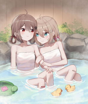2girls absurdres ahoge bare_shoulders blonde_hair blue_eyes blush brown_hair commentary english_commentary evil_neuro-sama highres indie_virtual_youtuber linhcoris looking_at_another low_twintails multiple_girls naked_towel neuro-sama pool red_eyes rubber_duck siblings sisters smile towel twins twintails vedal_ai virtual_youtuber water yuri