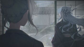 2girls absurdres bang_dream! bang_dream!_it&#039;s_mygo!!!!! blue_eyes blue_hair braid brh chinese_commentary commentary_request floating_hair from_behind green_hair highres indoors long_hair multiple_girls open_mouth paper_wall rain short_hair sidelocks togawa_sakiko wakaba_mutsumi