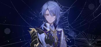 1boy absurdres armor black_gloves blue_background blue_hair closed_mouth commentary_request expressionless eyelashes genshin_impact gloves gold_trim gradient_background hair_between_eyes hair_over_shoulder half_gloves hand_up highres jacket japanese_armor japanese_clothes kamisato_ayato kimono lapels long_sleeves looking_down male_focus medium_hair mole mole_under_mouth open_clothes open_jacket parted_bangs purple_eyes purple_kimono rope shoulder_armor sidelocks silk sode solo spider_web swept_bangs tassel upper_body white_jacket yolanda