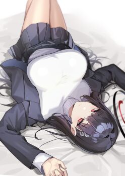 1girl absurdres black_hair black_halo blue_archive bright_pupils hair_ornament hairclip halo highres long_hair multicolored_halo red_eyes ringed_eyes rio_(blue_archive) ryou_(ponpgo) solo sweater turtleneck turtleneck_sweater two-tone_halo very_long_hair white_pupils white_sweater